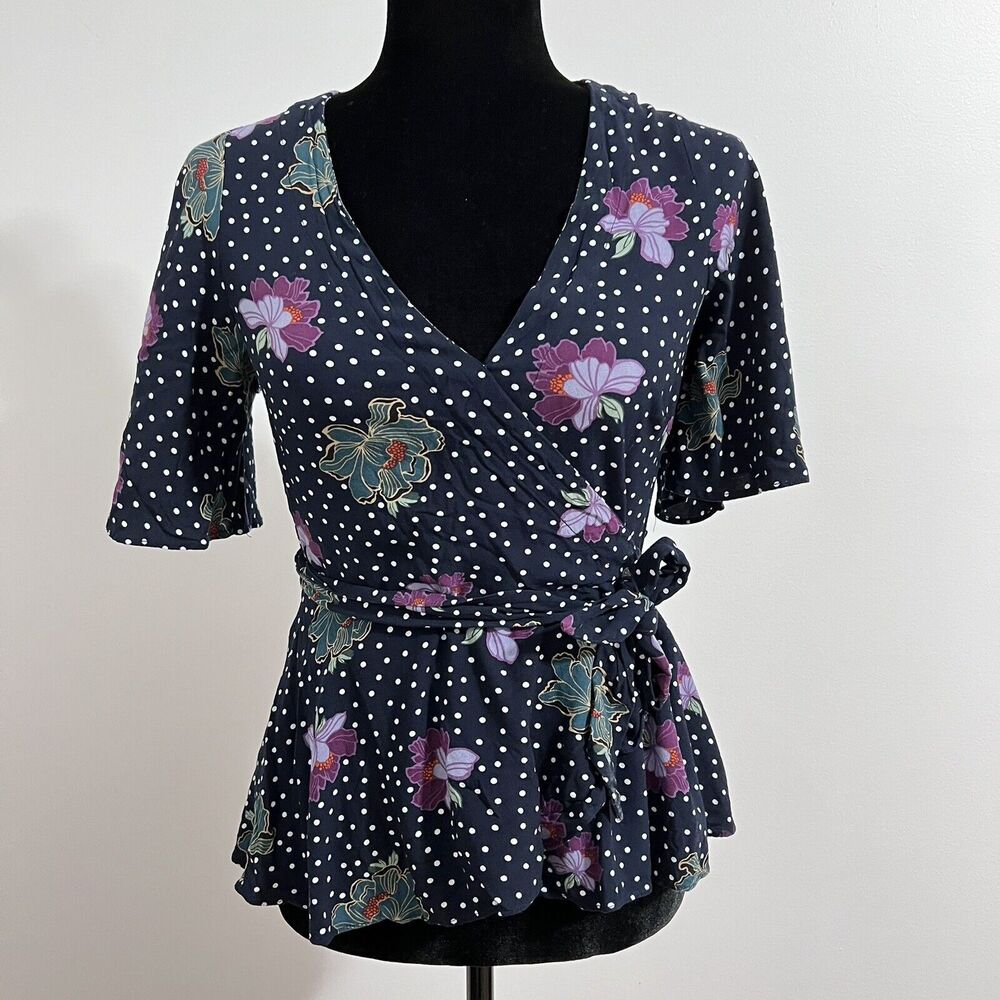 Loft Navy Blue Polka Dots Wrap Blouse Floral Size XS Boho Career Cottage Core
